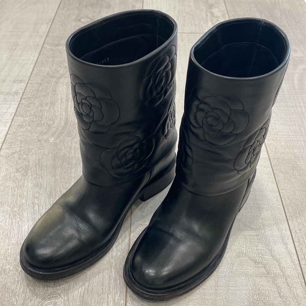 Chanel Camellia Embroided Leather Black Boots